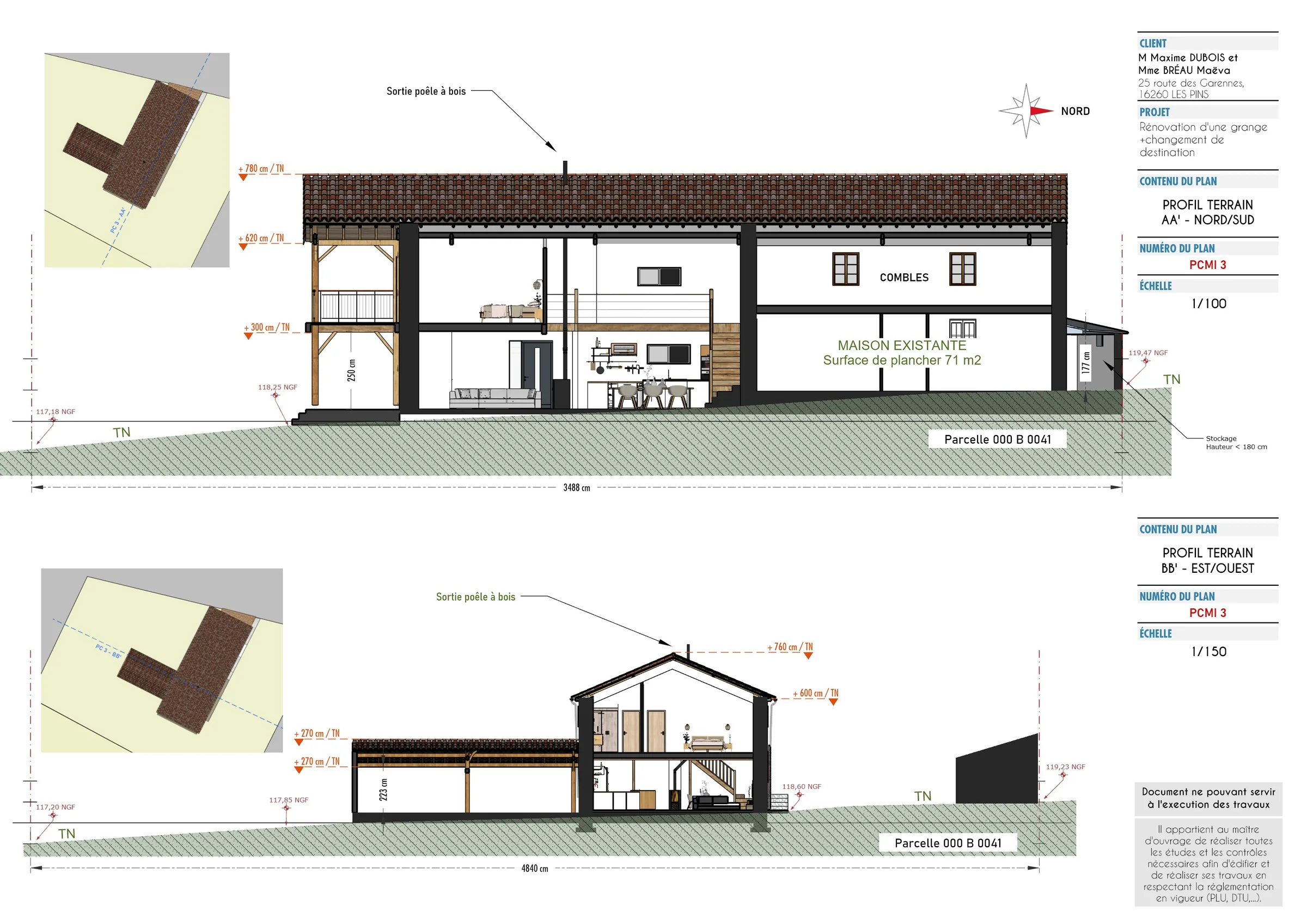Profils du terrain et coupes d'une grange rénovée en habitation