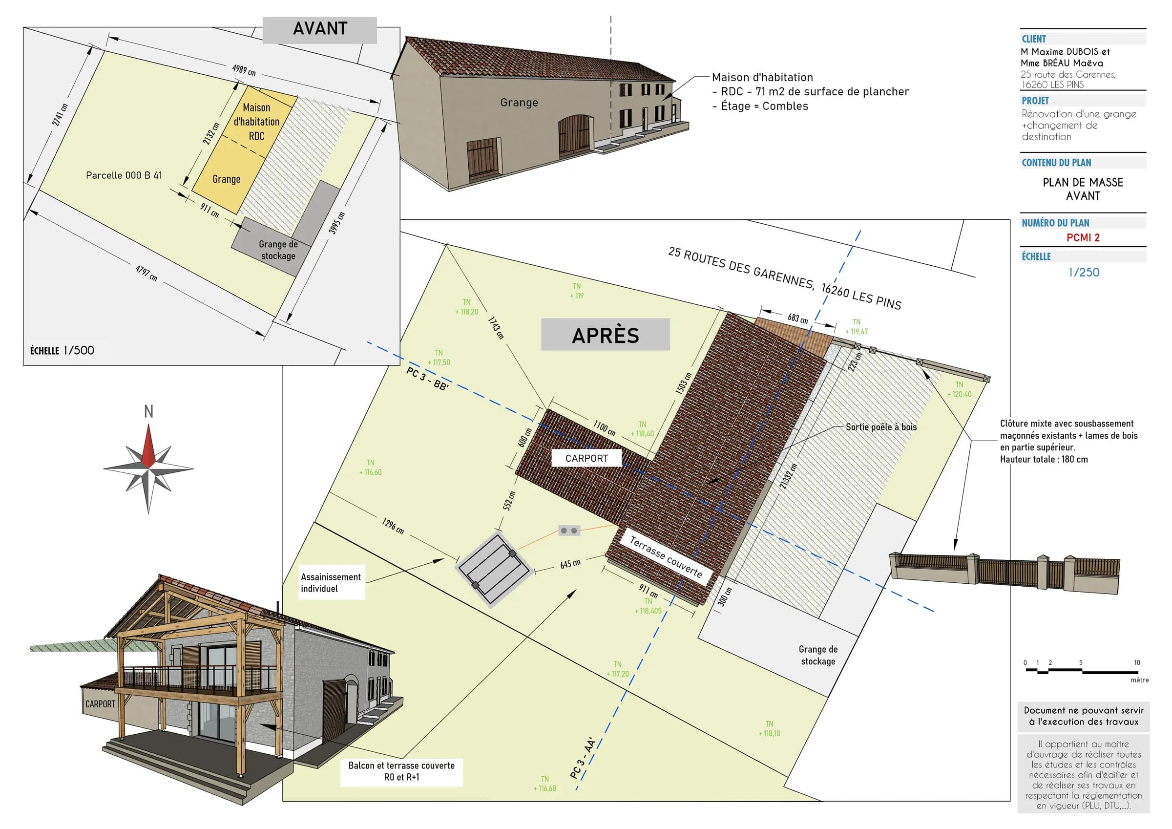 Plan de masse avant et après la rénovation d'une grange, avec carport et terrasse couverte