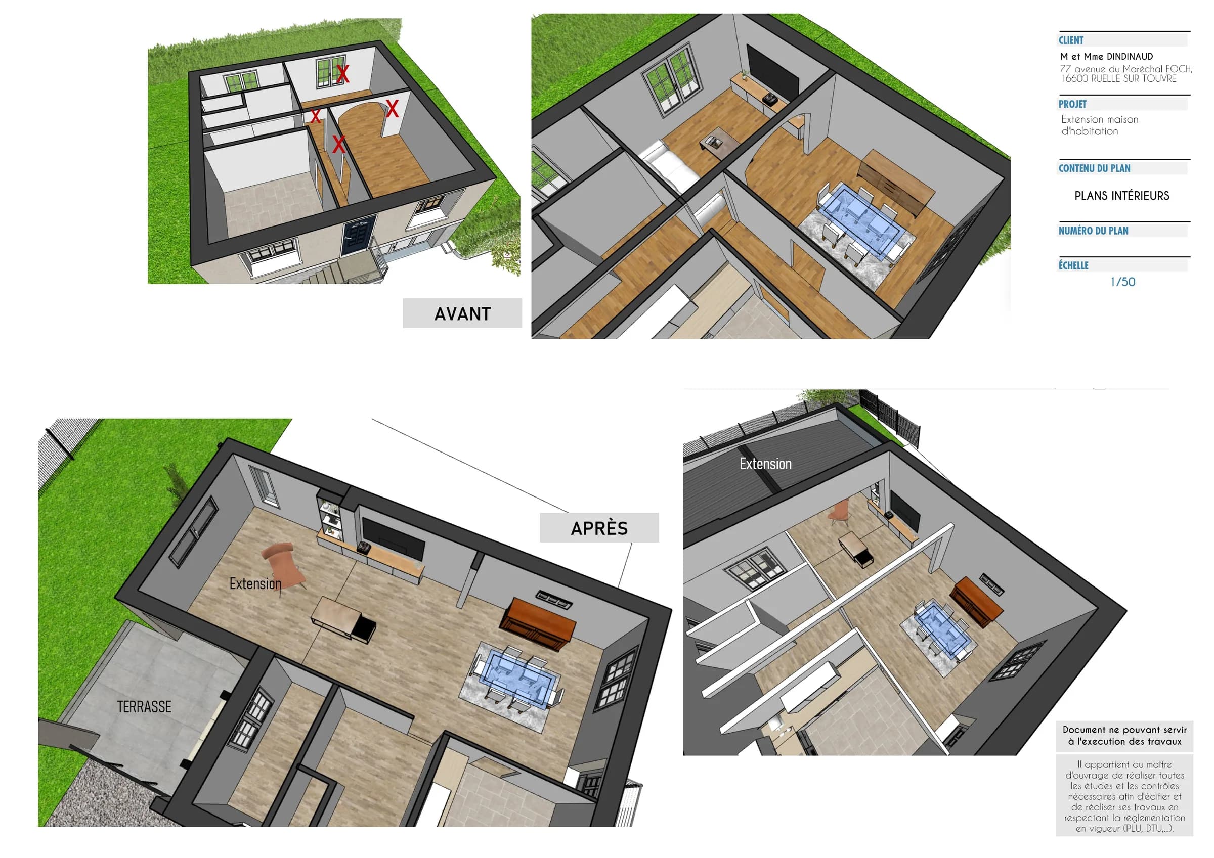 Vues 3D de l'aménagement intérieur avant et après extension