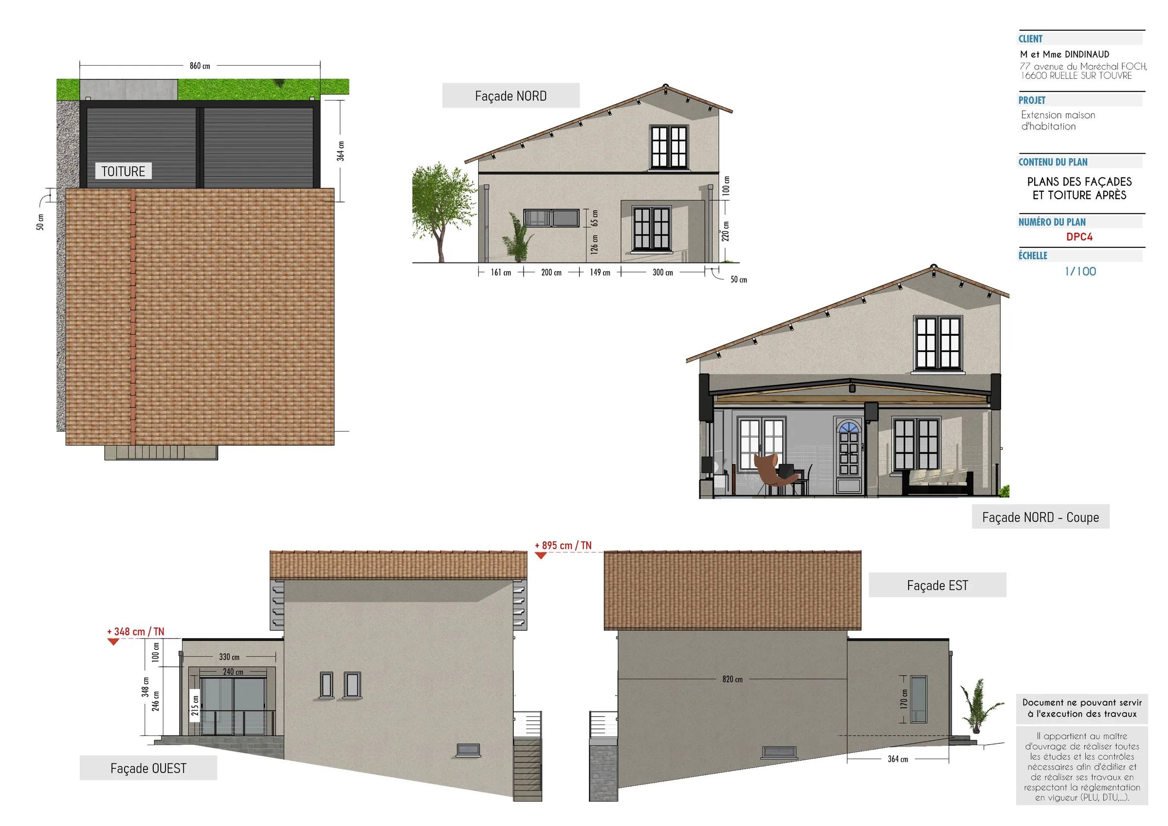 Plans des façades et de la toiture après extension