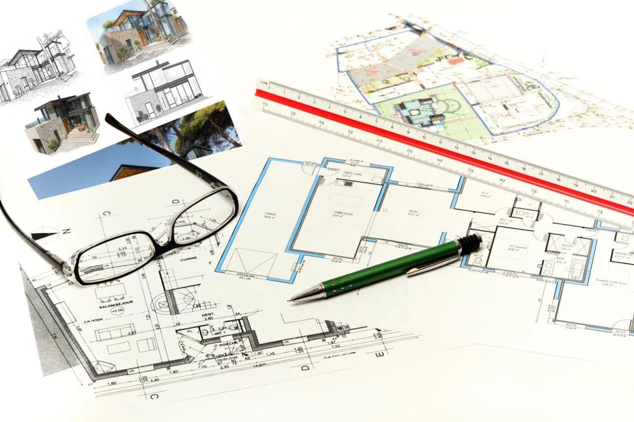 Plans d'une maison, lunettes, réglet d'architecte et stylo posés sur la table