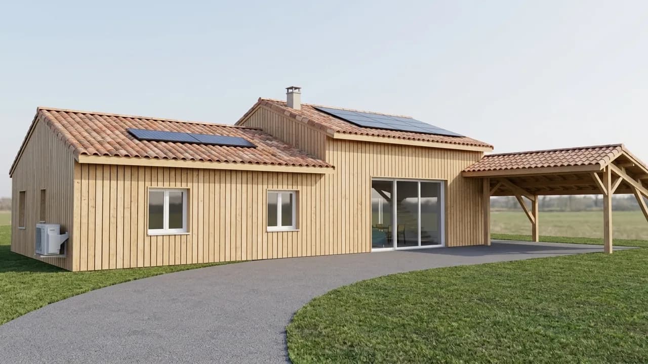 Vue de synthèse du projet : maison à bardage bois vertical, toiture en tuiles avec panneaux solaires et carport attenant